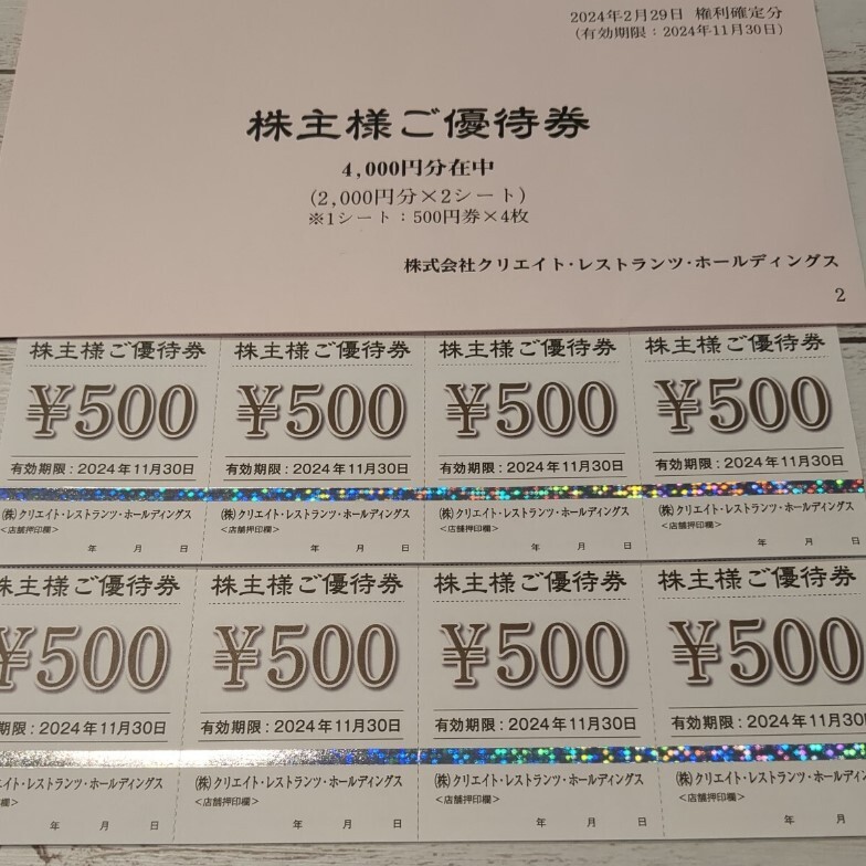 【最新・匿名配送無料】クリエイト・レストランツ　株主優待券　4000円分 優待 磯丸水産 しゃぶ菜 かごの屋 デザート王国 2024年11月末迄_画像1