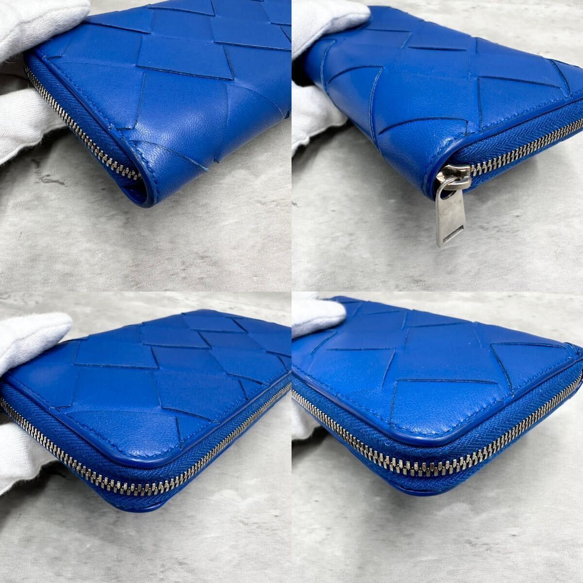 1円■美品/RFID搭載■ ボッテガヴェネタ BOTTEGA VENETA メンズ マキシイントレチャート 長財布 ラウンドファスナー レザー 本革 現行 青_画像5