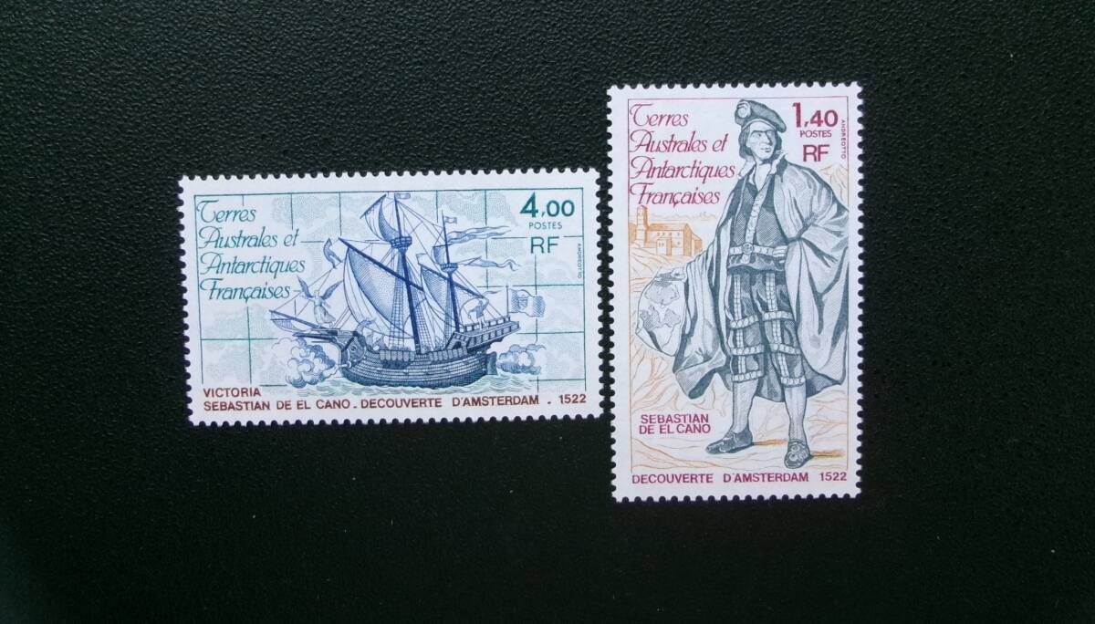 フランス領南方南極地域発行 探検家セバスティアン・エルカーノとビクトリア号切手 ２種完 ＮＨ 未使用_画像3