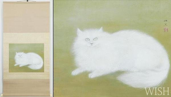 【真作】【WISH】鈴木朱雀「ペルシヤ猫」日本画 掛軸 絹本 太巻 共箱 二重箱 ◆白猫図 　　〇日展委嘱師野田九浦 川端画学校 #24040072_画像1