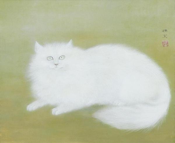 【真作】【WISH】鈴木朱雀「ペルシヤ猫」日本画 掛軸 絹本 太巻 共箱 二重箱 ◆白猫図 　　〇日展委嘱師野田九浦 川端画学校 #24040072_画像3