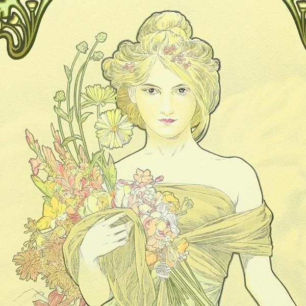 【真作】【WISH】ミュシャ Alphonse Mucha「春」リトグラフ 約20号 大作 　　〇アール・ヌーヴォー旗手 華麗美人画 #24012565_画像4