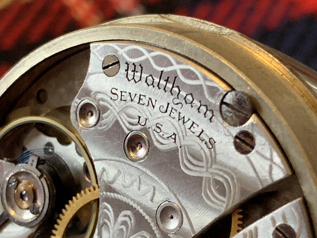 明治時代〜大正時代 WALTHAM U. S.A. 7JEWELS アンティーク 機械彫刻入り ウォルサム大型懐中時計 琺瑯文字盤 小秒針付き 美品 _画像8