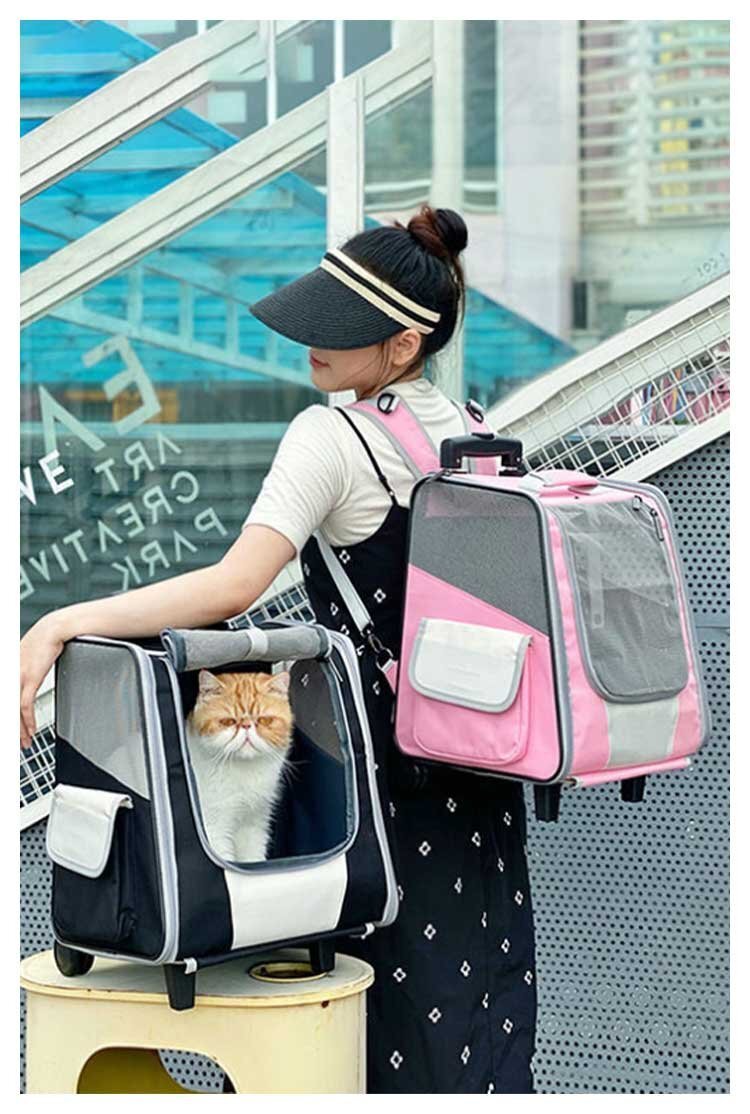 ペットキャリーカート キャスター 2輪 ペットキャリー スーツケース リュック メッシュ 折り畳み ペット 猫 犬 軽量 便利(ピンク) 555pk_画像8