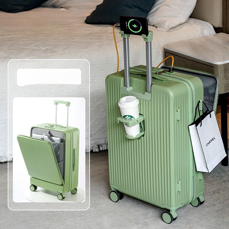  suitcase Carry case multifunction small size usb port / cup holder attaching light weight quiet sound light short period business trip travel 22inch green 707