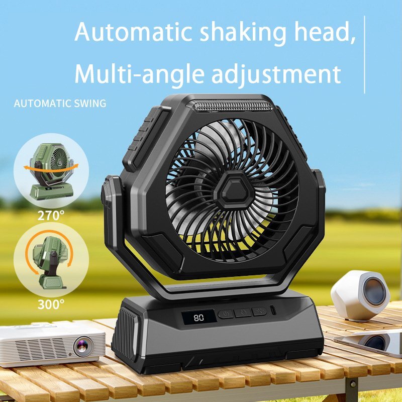 2024 recent model electric fan multifunction 6000mAh high capacity carrying automatic yawing 3. mode desk ornament hanging lowering camp outdoor ( black )486bk