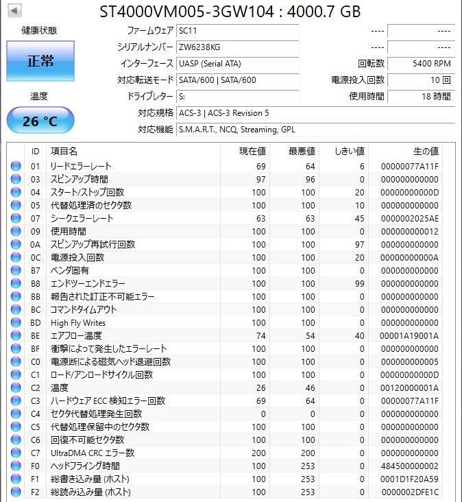 ★ 4TB ★　ST4000VM005　/　Seagate 【 使用時間： 18ｈ 】 2023年製　新品同様　3.5インチ