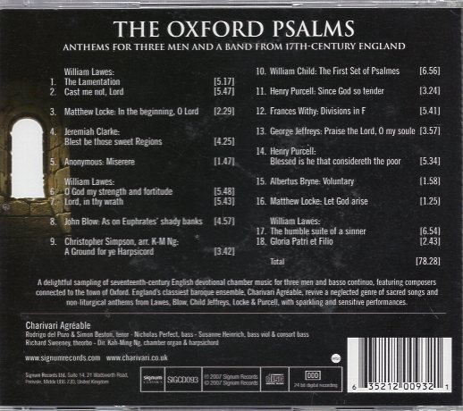 LAWES / LOCKE / CLARKE / BLOW / PURCELL: Oxford Psalms (The) - 17th Century Devotional Chamber Music_画像2