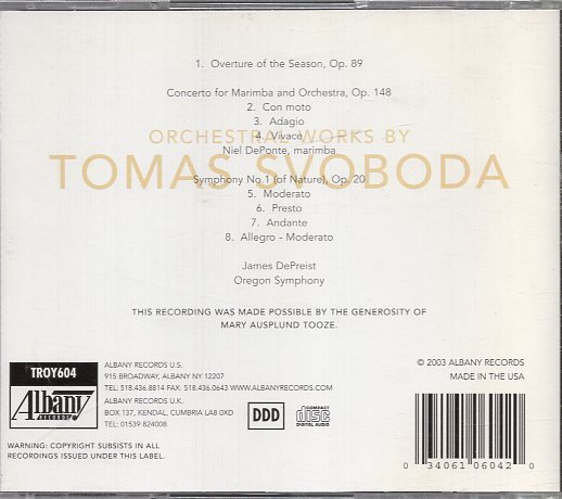 トマス・スヴォボダ：四季の序曲/マリンバ協奏曲/交響曲第１番ニール・デポンテ(Mar)、ジェームズ・デプリースト(指)オレゴン響_画像2
