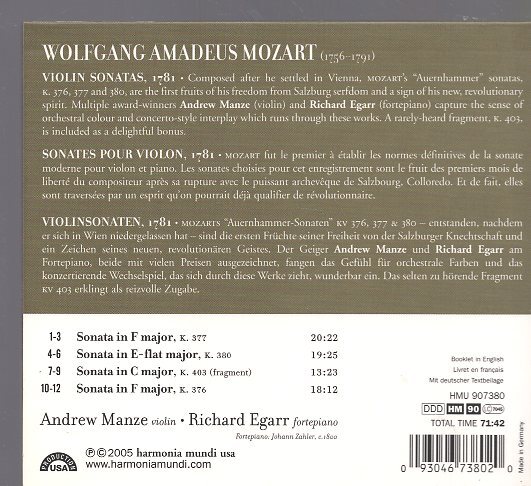 モーツァルト：ヴァイオリンとピアノのためのソナタ集/アンドルー・マンゼ(Vn) リチャード・エガー(Fp)の画像2