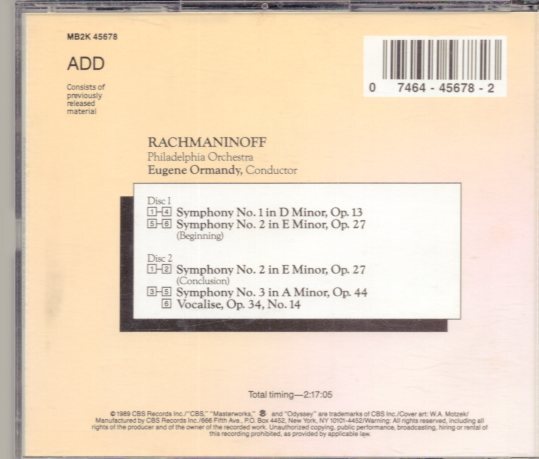 ラフマニノフ：交響曲 第1-3番/オーマンディ指揮【2CD】の画像2
