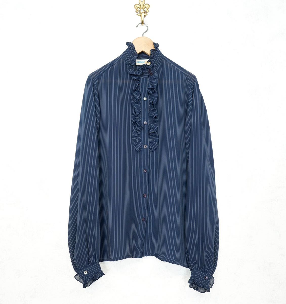 USA VINATGE astor ONE STRIPE PATTERNED FRILL DESIGN SHEER BLOUSE/アメリカ古着ストライプ柄フリルデザインシアーブラウス