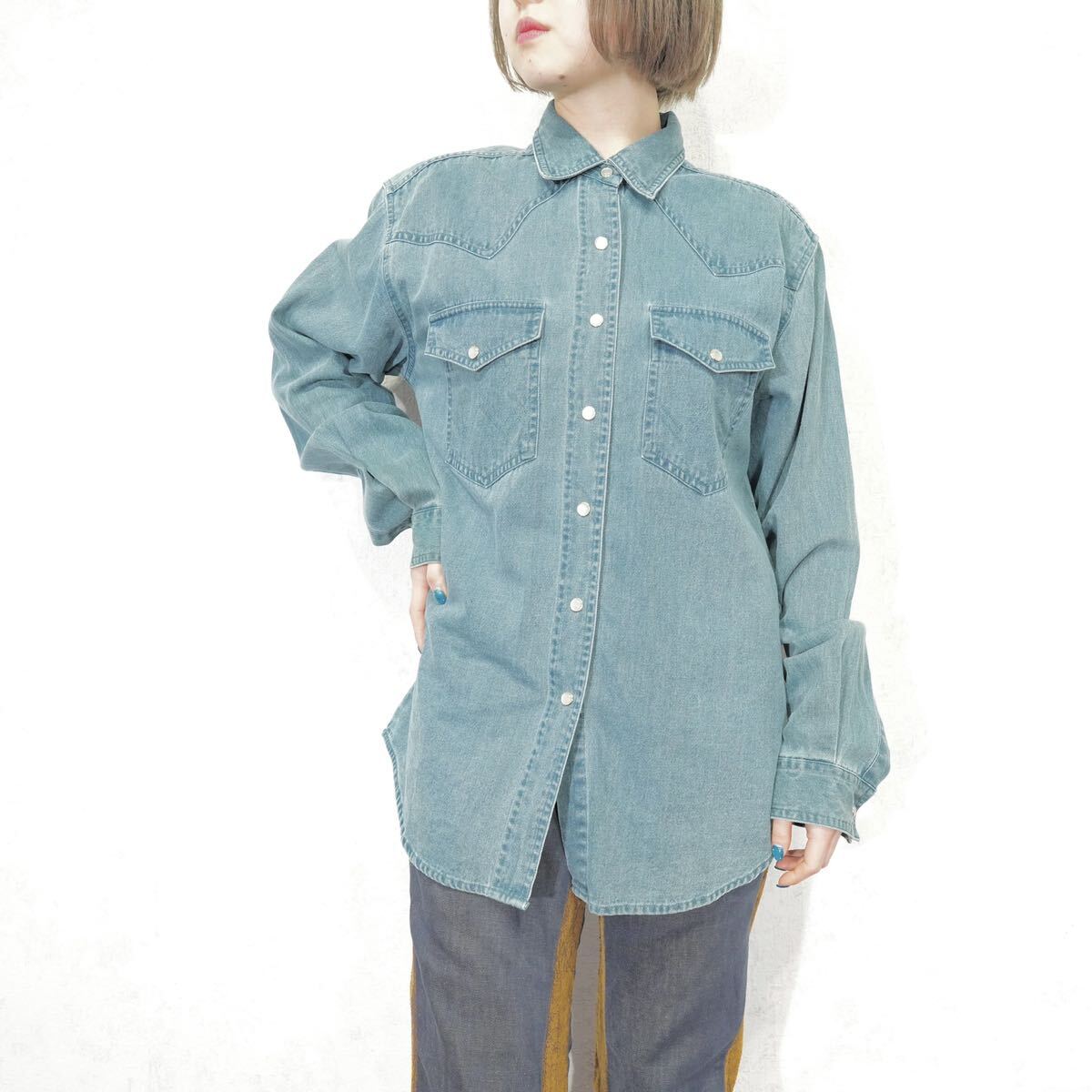 USA VINTAGE Wrangler WOMAN DENIM WESTERN SHIRT/ America old clothes Wrangler Denim we Stan shirt 