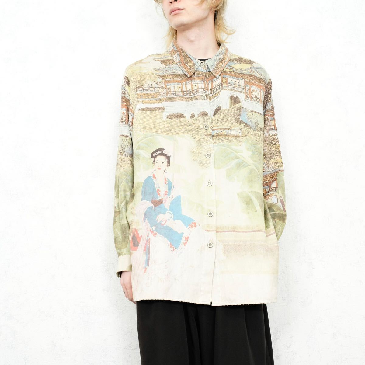 USA VINTAGE CHICO‘S CHINESE BEAUTY DESIGN FAKE SUEDE SHIRT/アメリカ古着中国の美人デザインフェイクスウェードシャツ_画像1