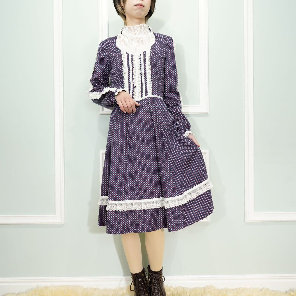 *SPECIAL ITEM* 70's USA VINTAGE FLOWER PATTERNED LACE FRILL DESIGN ONE PIECE/70年代アメリカ古着花柄レースフリルデザインワンピース_画像1