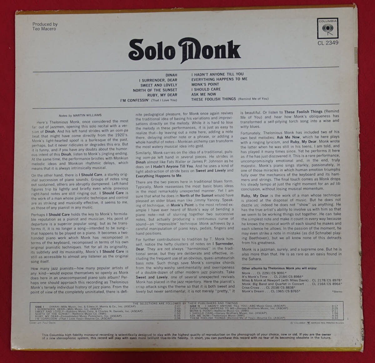 極美盤! US Columbia MONO CL 2349 オリジナル 2EYES SOLO / Thelonious Monk 最初のMAT: 1A/1A_画像2
