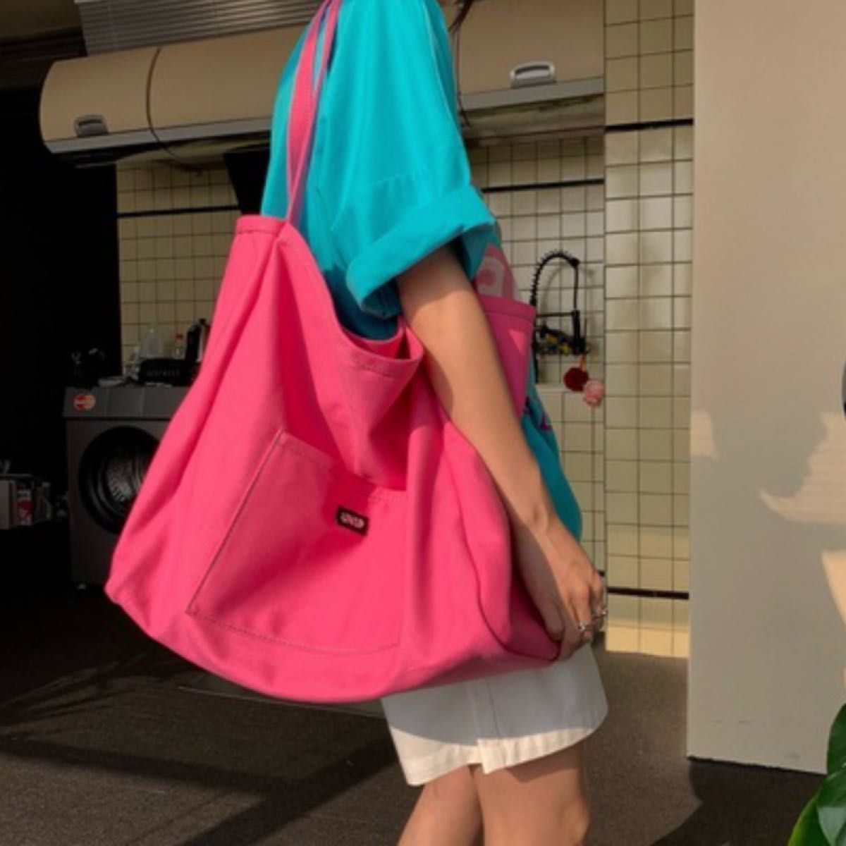 人気 キャンバスバッグ ピンク グリーン 韓国　シンプル　大きめ　ユニセックス 大容量