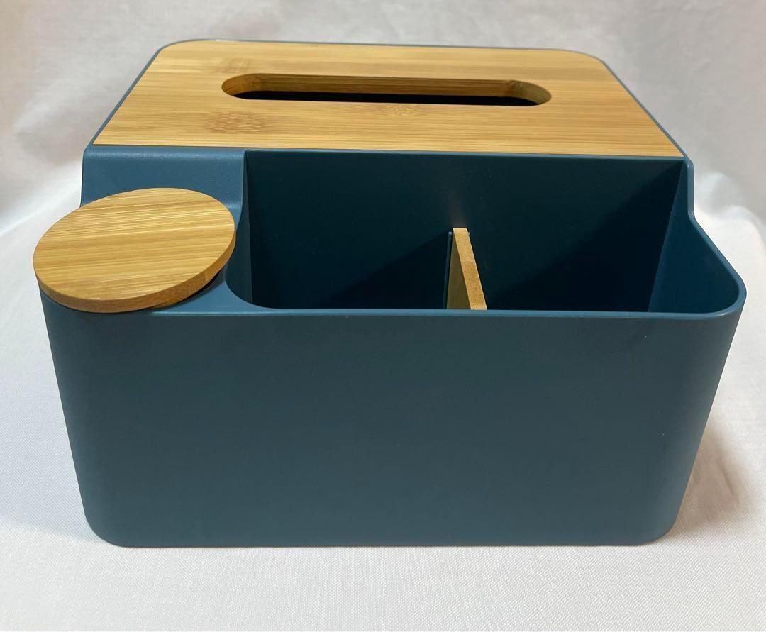 ダークブルー ティッシュケース 小物入れ ティッシュボックス 木製