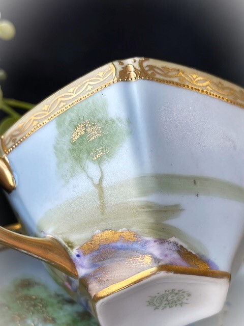 オールドノリタケ 中期輸出品 金盛装飾 白鷺飛翔 異国湖畔風景図 亀甲 モールド C&S カップ＆ソーサーの画像8