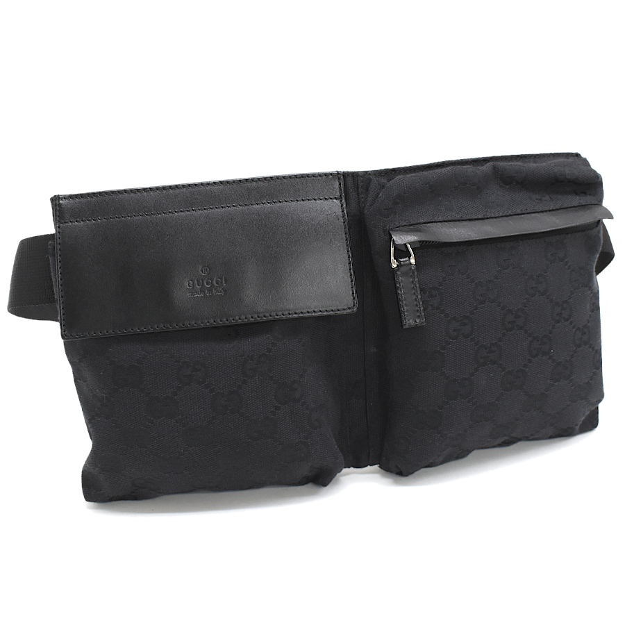 新品同様 グッチ ボディバッグ ベルトバッグ 28566 GGキャンバス レザー ブラック GUCCI_画像1