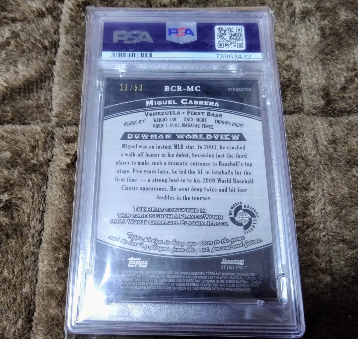 MIGUEL CABRERA Topps 2009 Bowman Sterling WBC Relic Gold Reflector /50 ミゲル カブレラ レリック WORLD BASEBALL CLASSICの画像2