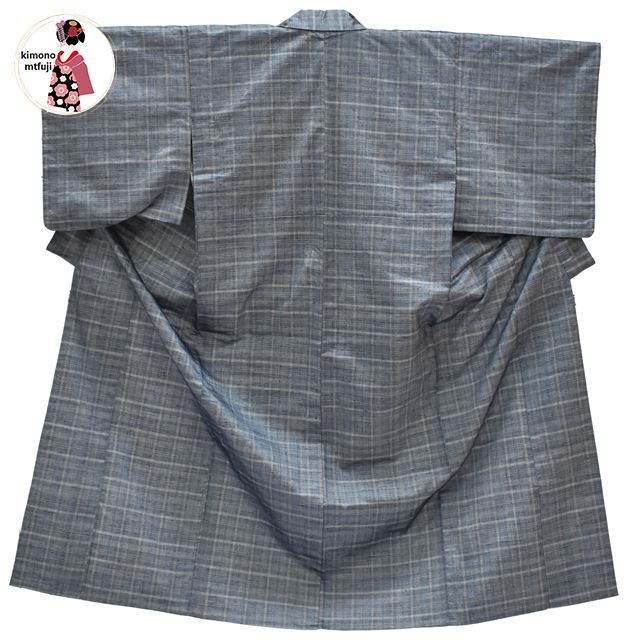 1円 美品 紬 正絹 単衣 グレー系 格子文様 身丈144cm 着物 同梱可 【kimonomtfuji】 3nfuji44005_画像1