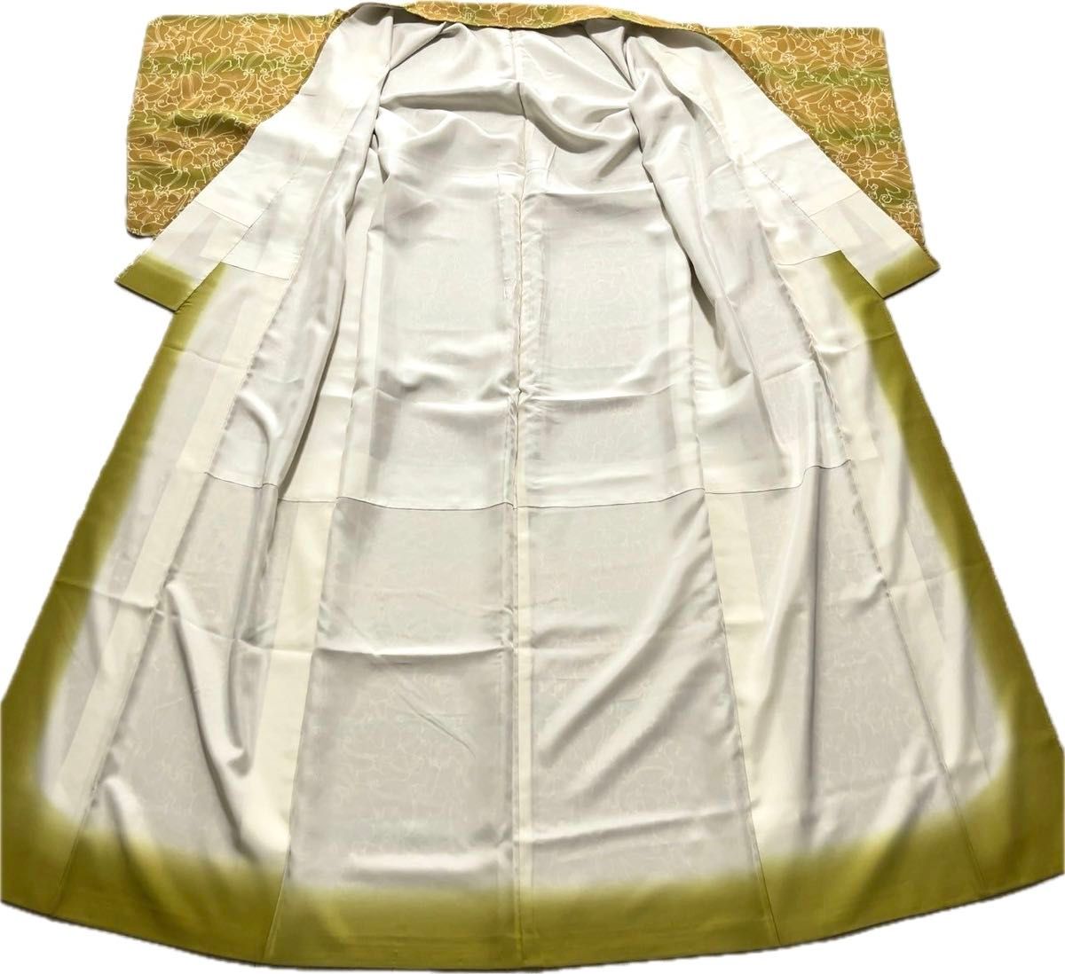 《3K59》小紋 着物 黄土色 袷 正絹 リメイク用や普段着・着付練習にも