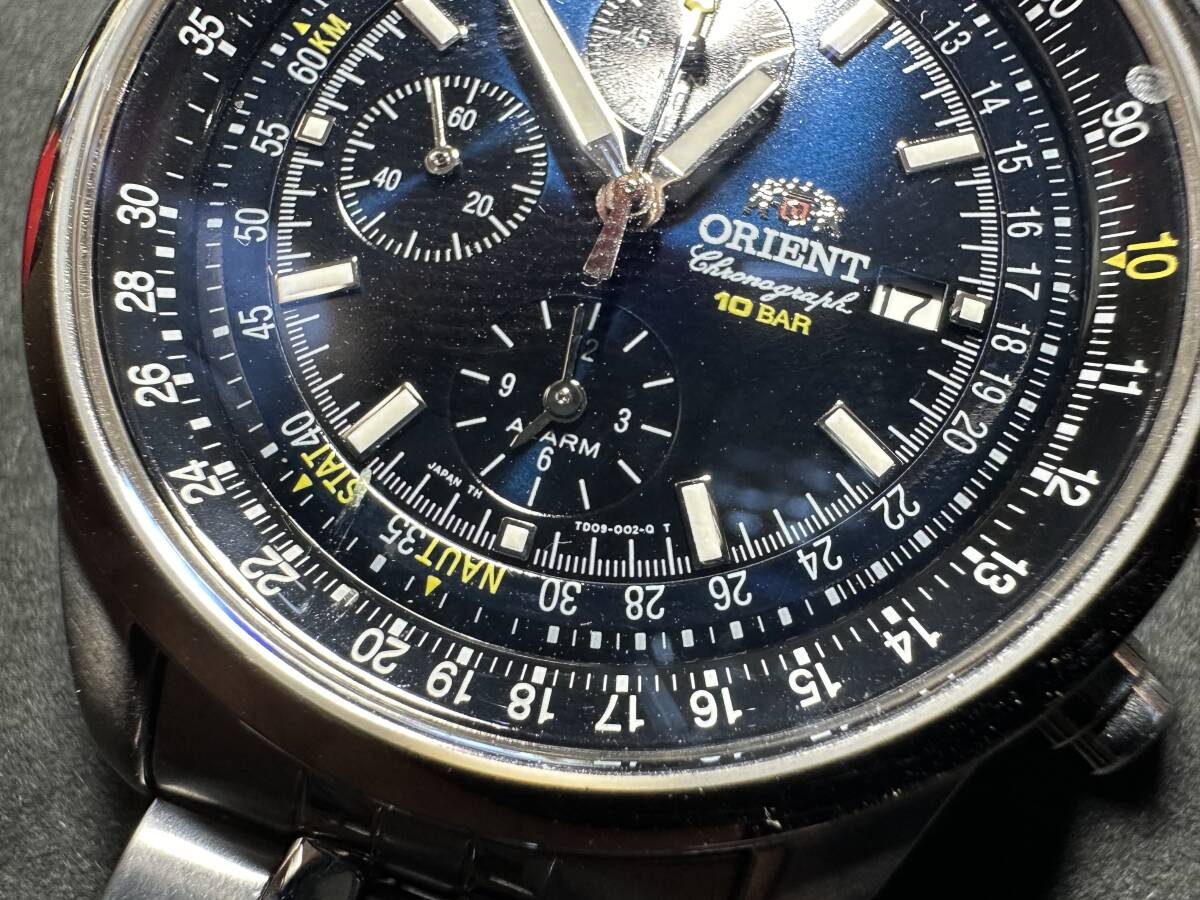 * collector worth seeing!! ORIENT Orient chronograph Date 10BAR men's wristwatch blue face quarts stylish clock silver small articles G930