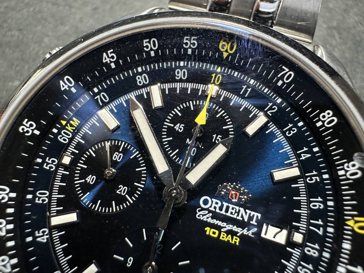 * collector worth seeing!! ORIENT Orient chronograph Date 10BAR men's wristwatch blue face quarts stylish clock silver small articles G930