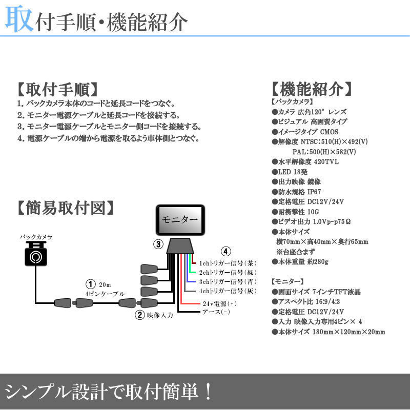 FUSOトラック 7インチ 4分割 オンダッシュ液晶モニター + 暗視バックカメラ 2台セット 24V車対応 ノイズ対策ケーブルモデル_画像7