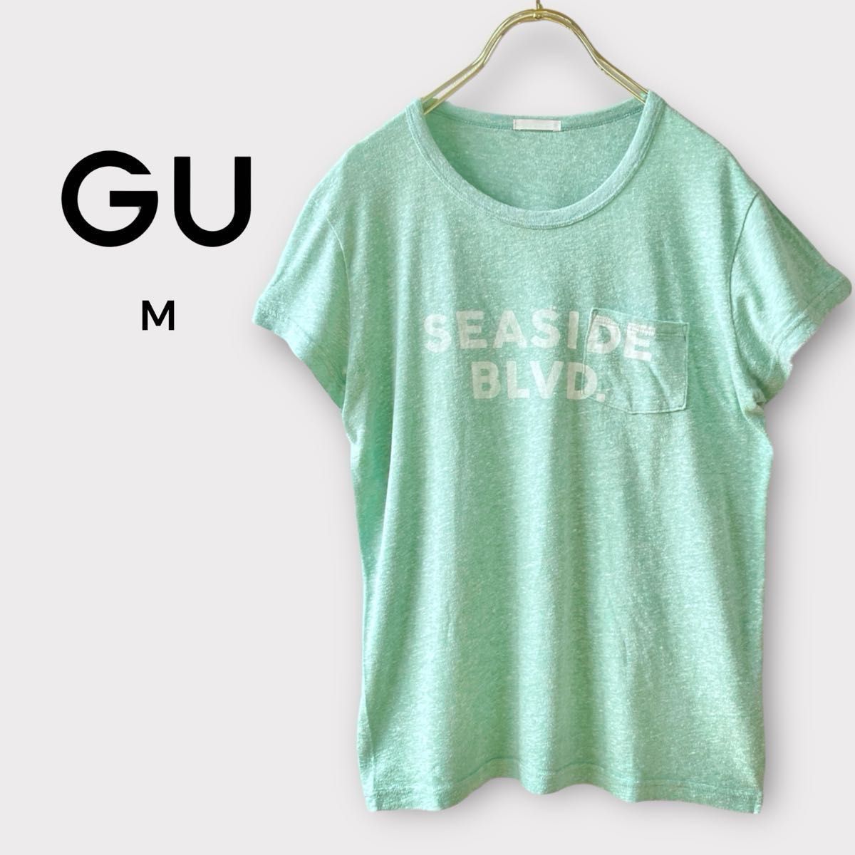 【GU】レーヨン混メランジ プリントTシャツ　フレンチスリーブ　M グリーン 半袖Tシャツ