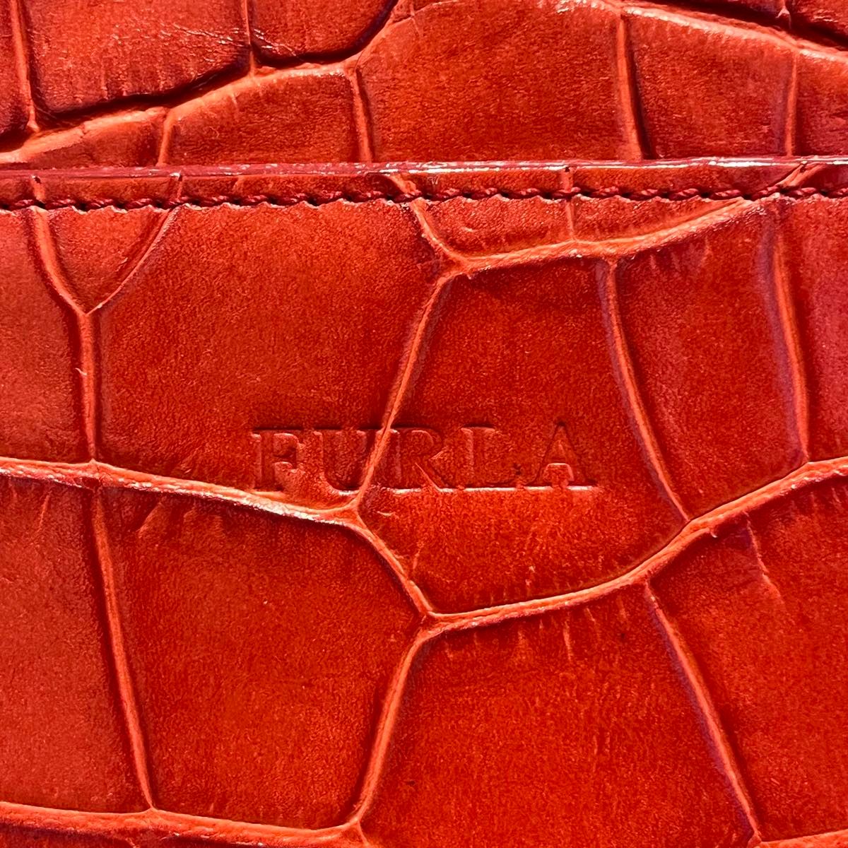 フルラ　FURLA トートバッグ  ハンドバッグ クロコ型押しレザー 革 赤系　美品