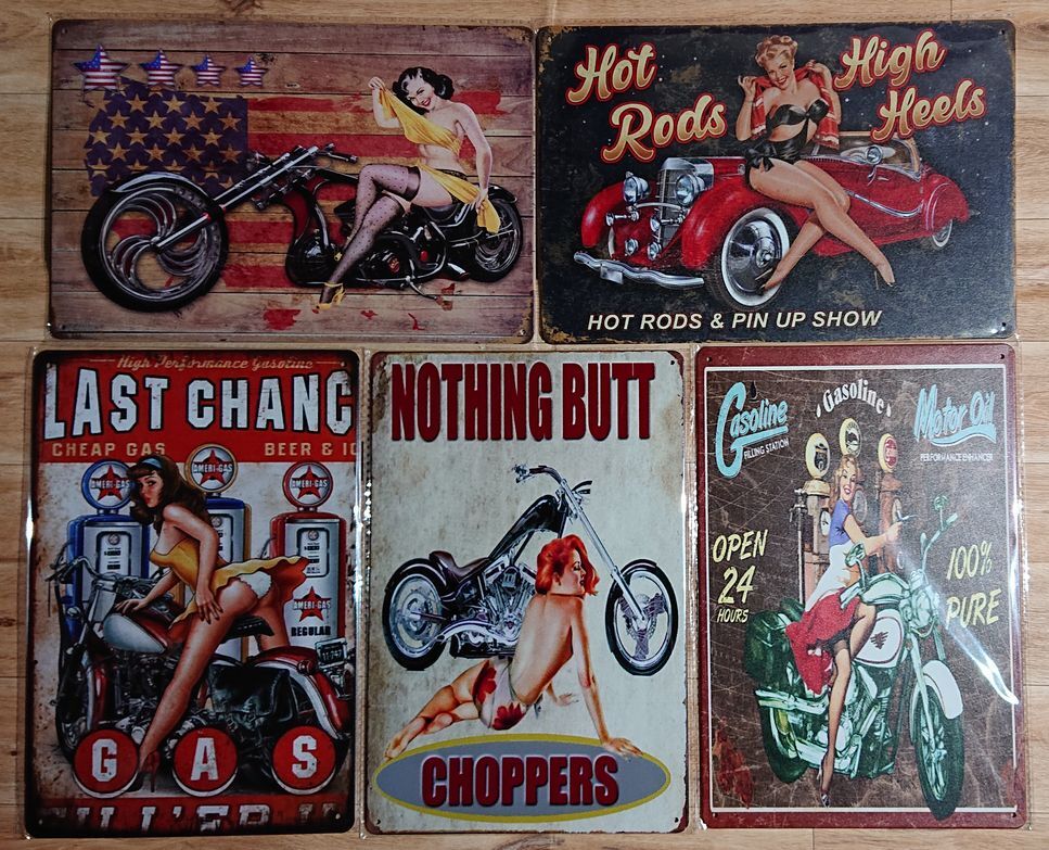 ブリキ看板 5枚☆　美女　ガール　モーターサイクル　アメ車　給油　NOTHING BUT CHOPPERS　壁飾り :アメリカン雑貨☆_画像1