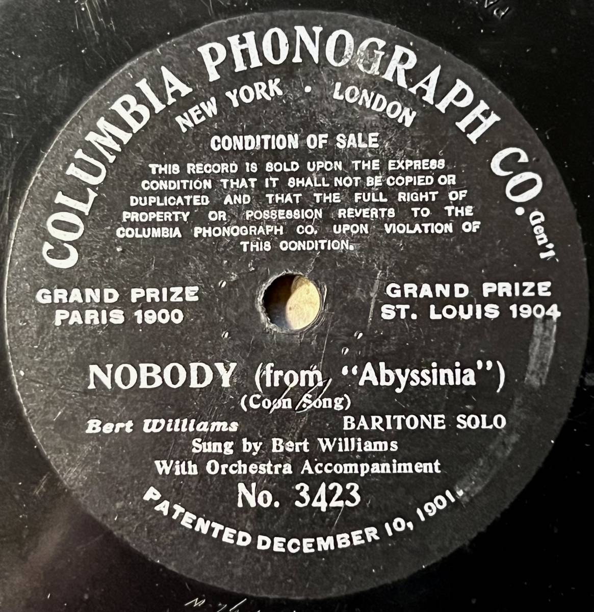 BERT WILLIAMS COLUMBIA PHONOGRAPH Nobody REC IN 1906_画像1