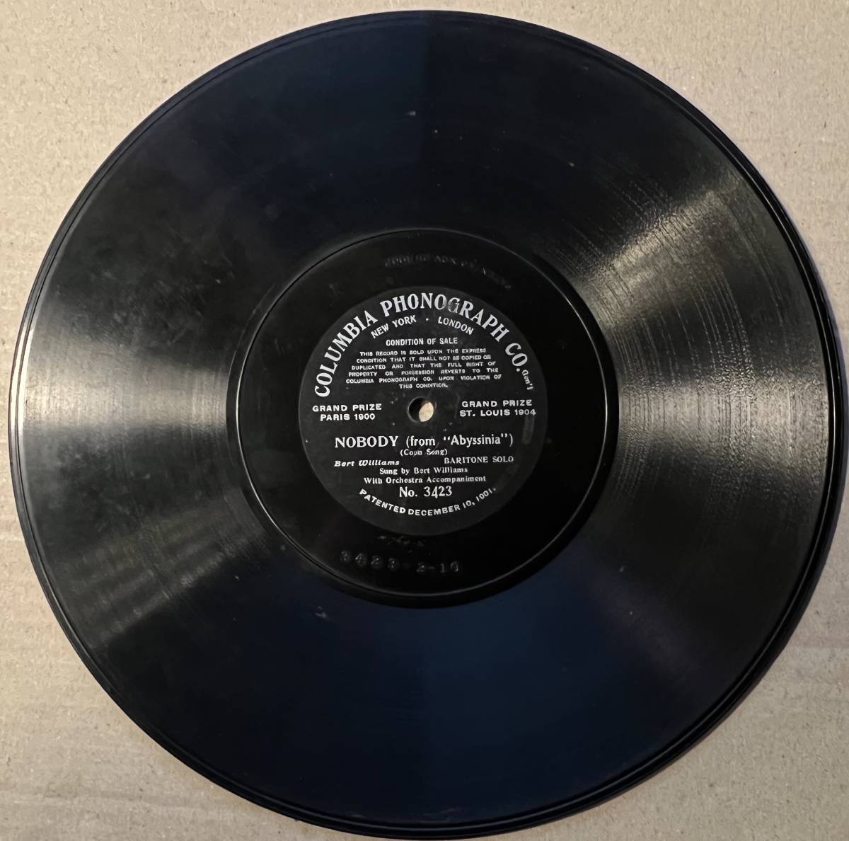 BERT WILLIAMS COLUMBIA PHONOGRAPH Nobody REC IN 1906_画像2