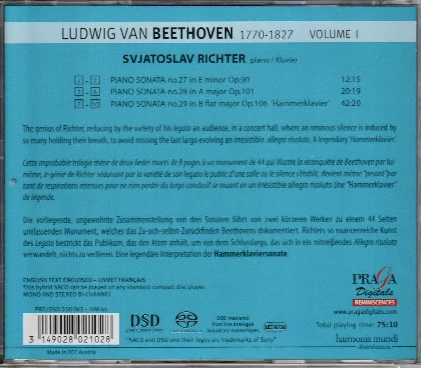 SVJATOSLAV RICHTER - BEETHOVEN ; PIANO SONATA NO.27, No.28, No.29 PRAGA_画像2