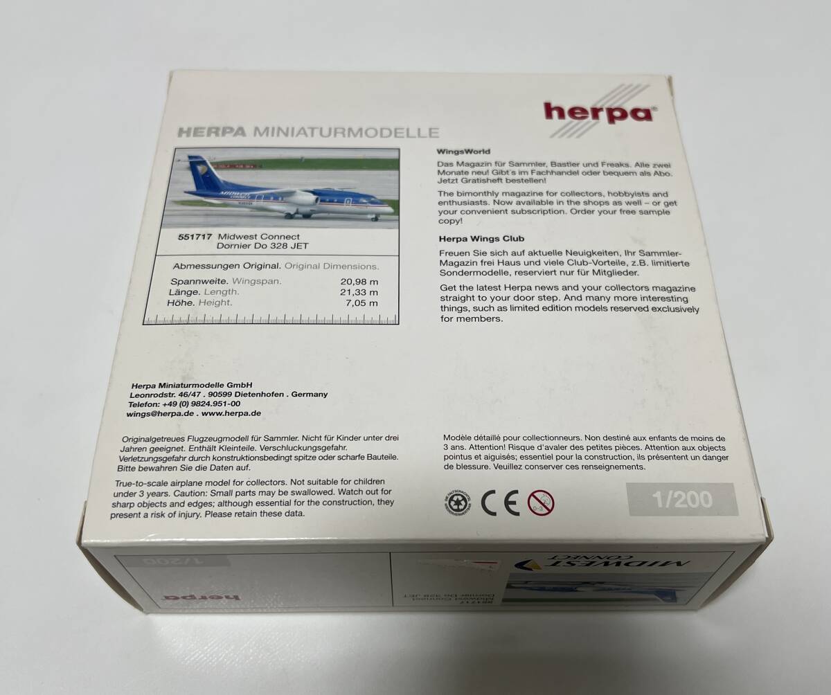 未使用品 herpa 1/200 ミッドウエスト航空 MIDWEST CONNECT ドルニエ Donier Do 328 JET_画像2