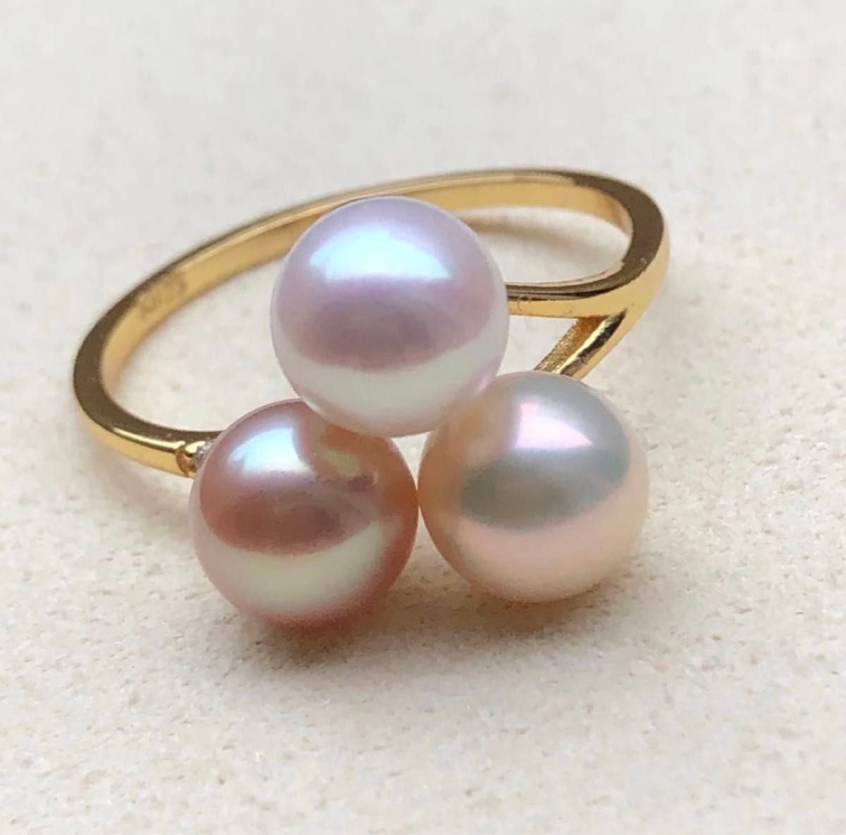 本真珠ベビーパール　3粒3色s925リング　ホワイト&メタリック&水柿色系　天然淡水真珠　指輪　極艶々