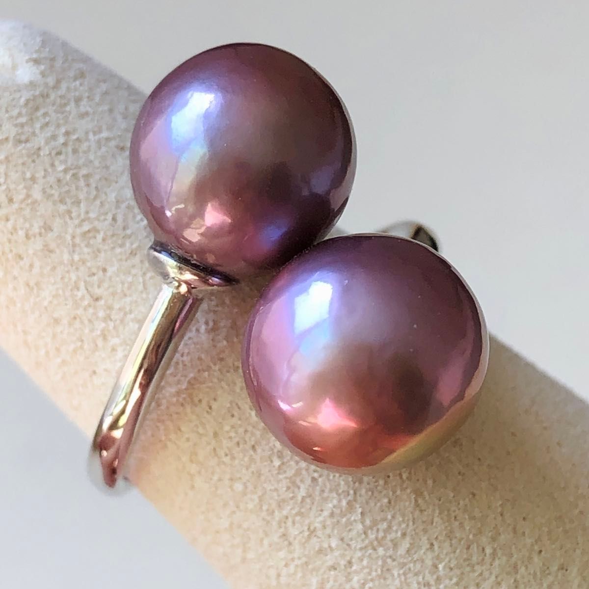 本真珠　エジソンパール　メタリック紫　2粒パールリング　天然淡水パール　真珠指輪s925