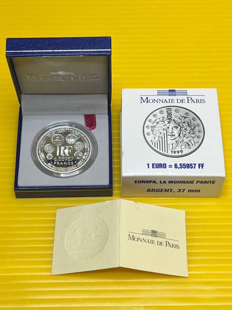 【未開封品　経年保管品】フランス 1999年 ユーロ切替記念 6.55957 プルーフ銀貨　MONNAIE DE PARIS 37㎜ シルバーコイン シルバー900_画像1