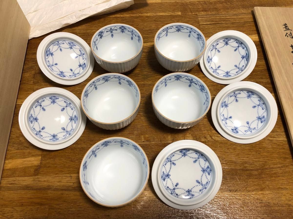 橘吉 青華瓔珞文 蓋付お茶呑茶碗5客セット桐箱入 500-0083 染付 茶器 180ml 有田焼 和食器来客用湯呑セット たち吉