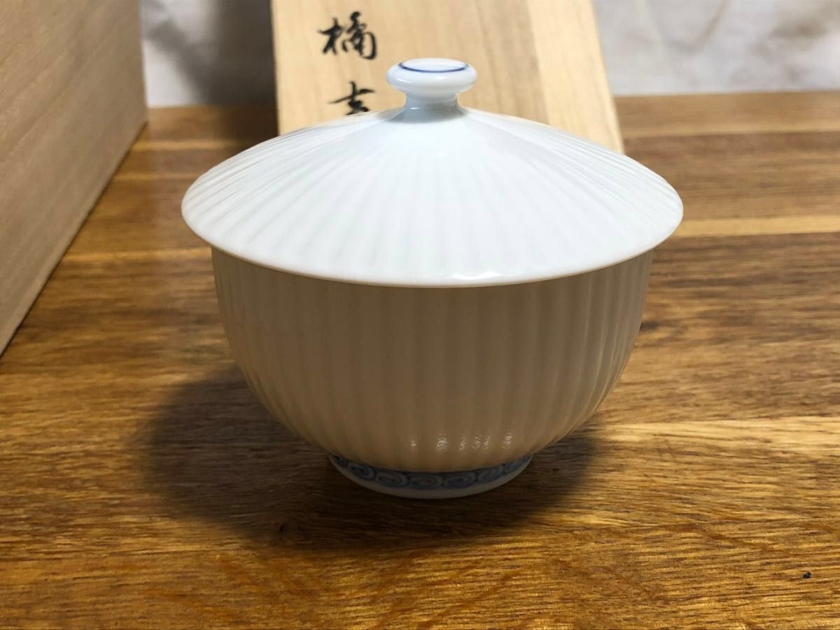 橘吉 青華瓔珞文 蓋付お茶呑茶碗5客セット桐箱入 500-0083 染付 茶器 180ml 有田焼 和食器来客用湯呑セット たち吉