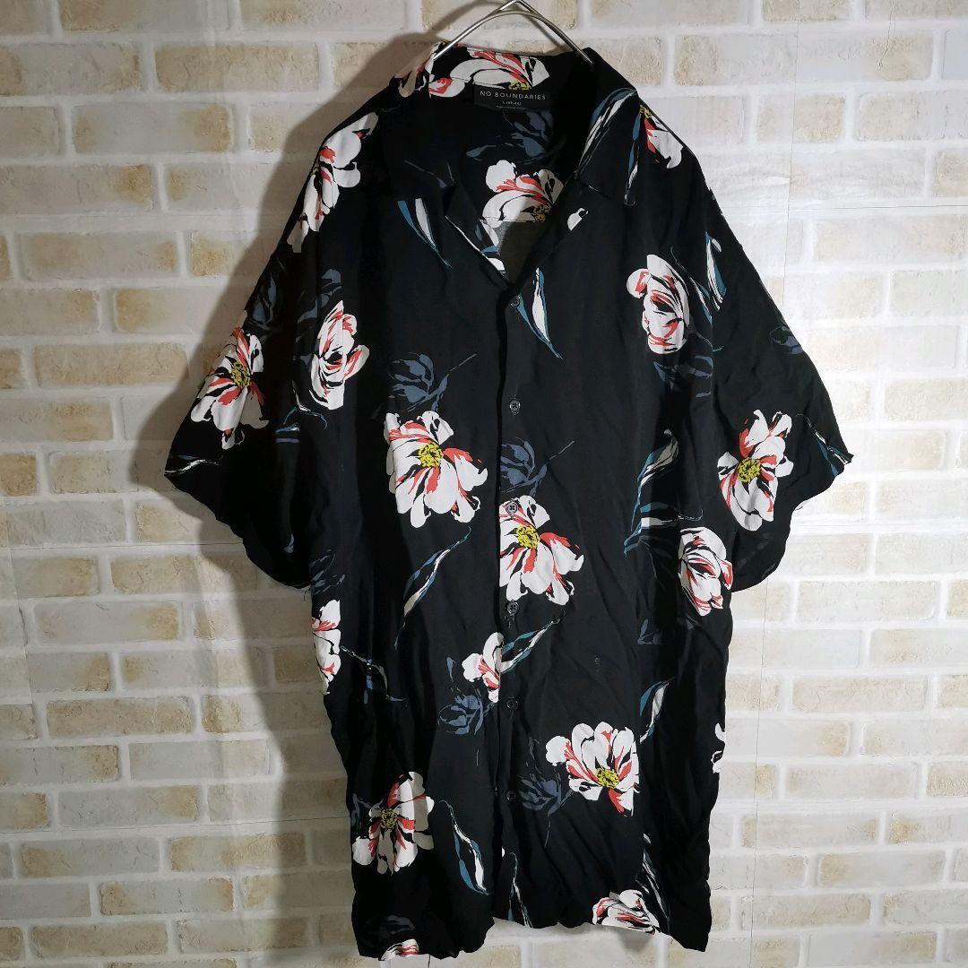 デザイン アロハ シャツ 半袖 花柄 総柄 黒 オープンカラー