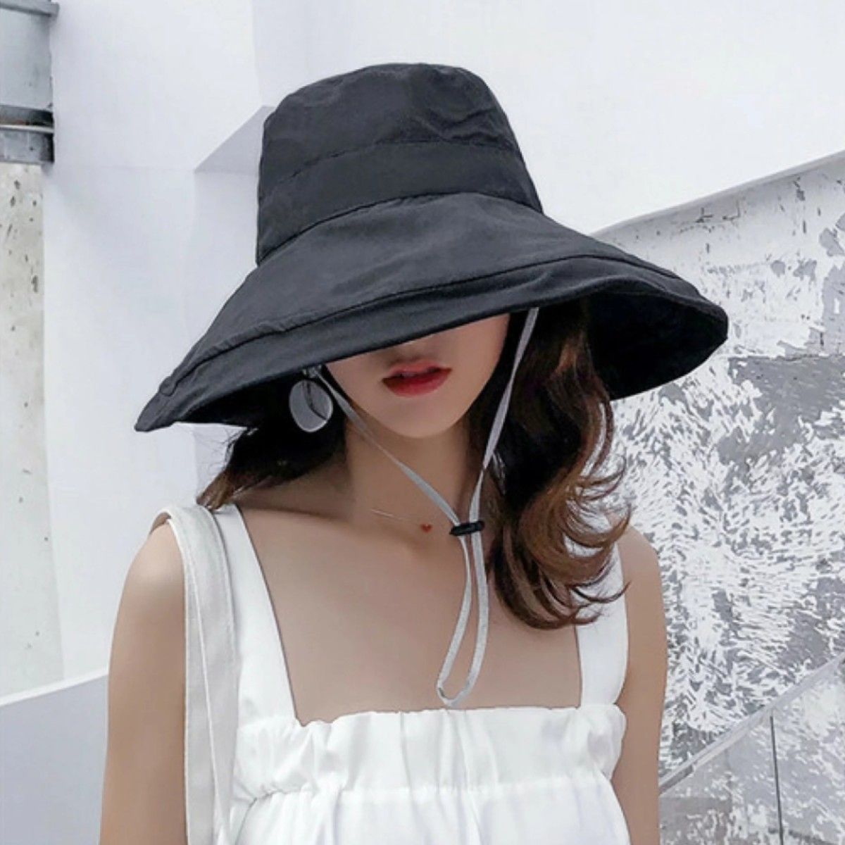 つば約15㎝ すっぽり隠れる UVカット 帽子 つば広 ハット 日よけ 大きいサイズ 紫外線対策 日焼け対策 熱中症　ブラック　黒