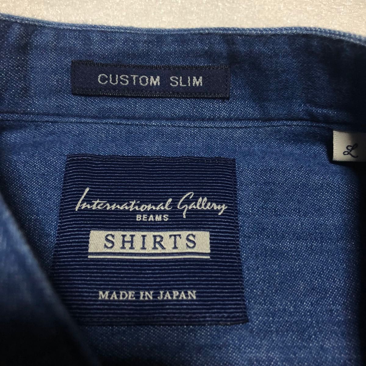 【美品】IG BEAMS インターナショナルギャラリービームス デニムバンドカラーシャツ ノーカラー L 日本製 インディゴ 青