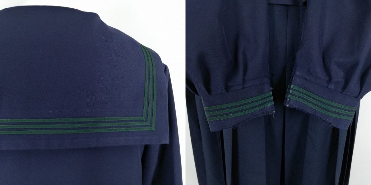 1 jpy sailor suit jumper skirt ribbon top and bottom 3 point set large size extra-large winter thing green 3ps.@ line woman school uniform middle . high school navy blue used rank C NA2147
