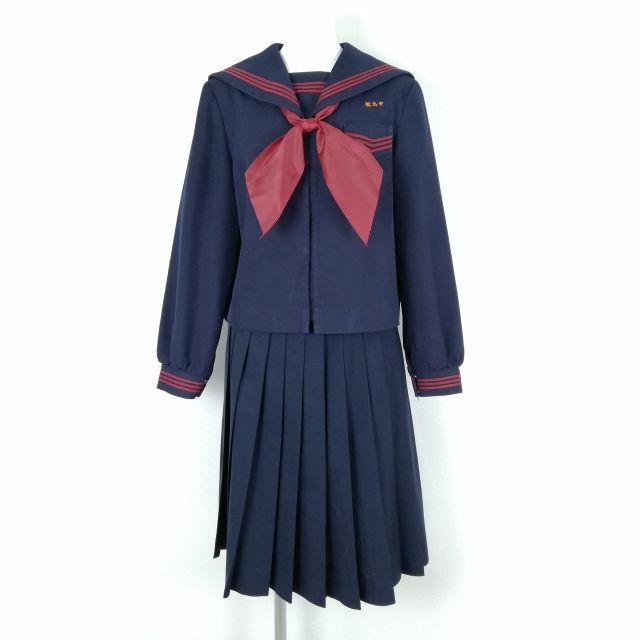 1円 セーラー服 スカート スカーフ 上下3点セット 大きいサイズ トンボ 冬物 赤3本線 女子 学生服 鹿児島松元中学 紺 中古 ランクC NA1988_画像1