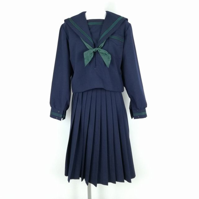 1円 セーラー服 スカート スカーフ 上下3点セット 冬物 緑3本線 女子 学生服 中学 高校 紺 制服 中古 ランクB NA1950_画像1