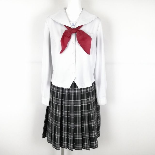 1円 セーラー服 チェックスカート スカーフ 上下3点セット 大きいサイズ 中間服 女子 学生服 鹿児島高校 白 制服 中古 ランクC NA3193_画像1