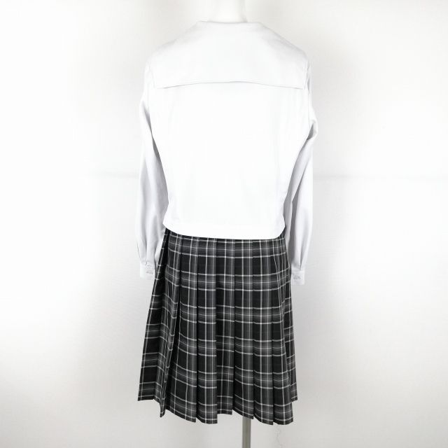 1円 セーラー服 チェックスカート スカーフ 上下3点セット 大きいサイズ 中間服 女子 学生服 鹿児島高校 白 制服 中古 ランクC NA3193_画像2